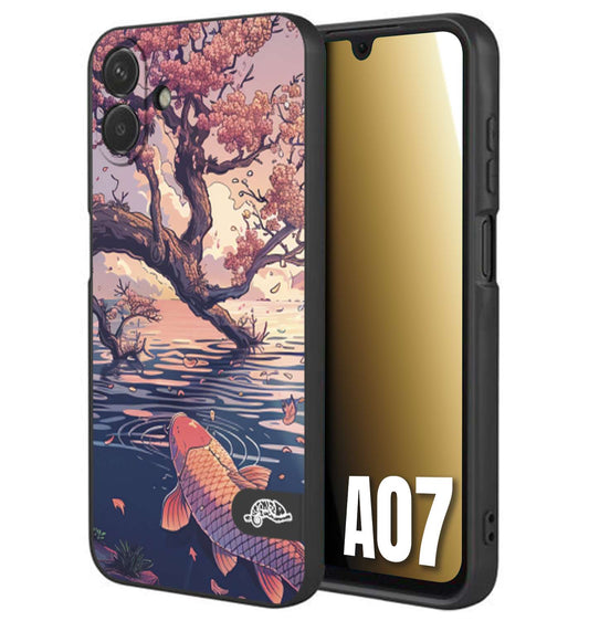 CUSTOMIZZA - Custodia cover nera morbida in tpu compatibile per Samsung A07 giapponese lago carpa koi rosa con foglie d'acero disegnata tattoo