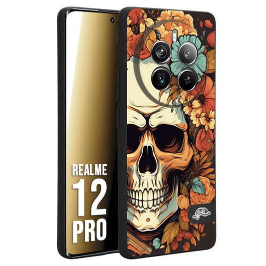 CUSTOMIZZA - Custodia cover nera morbida in tpu compatibile per Realme 12 PRO teschio skull flowers fiori autunnali arancio celeste tattoo