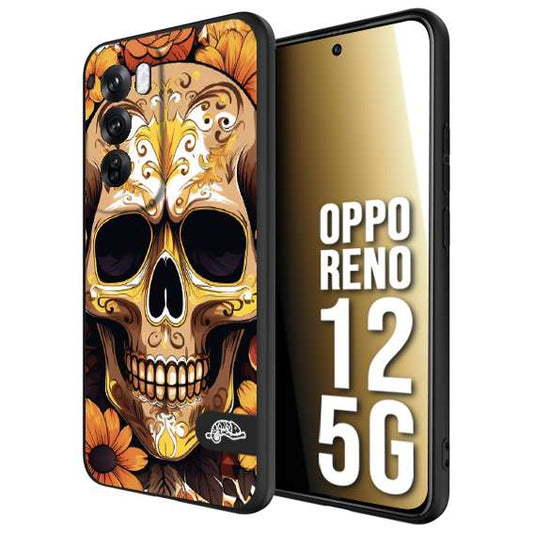CUSTOMIZZA - Custodia cover nera morbida in tpu compatibile per Oppo Reno 12 5G teschio messicano colorato dorato fiori tattoo disegnato
