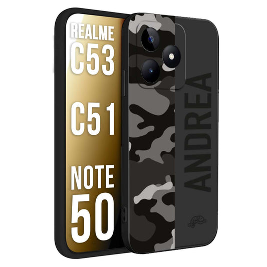 CUSTOMIZZA - Custodia cover nera morbida in tpu compatibile per Realme C53 - C51 - NOTE 50 camouflage mimetico militare personalizzata nome