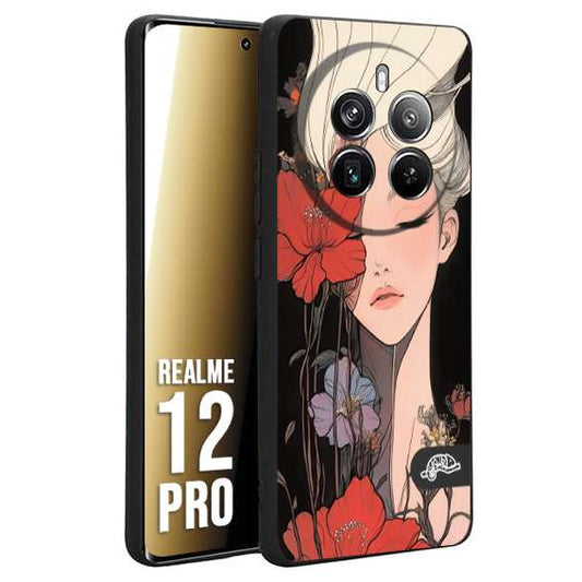 CUSTOMIZZA - Custodia cover nera morbida in tpu compatibile per Realme 12 PRO woman flower Fantasia Floreale Design Donna e Fiori, Retro Artistico