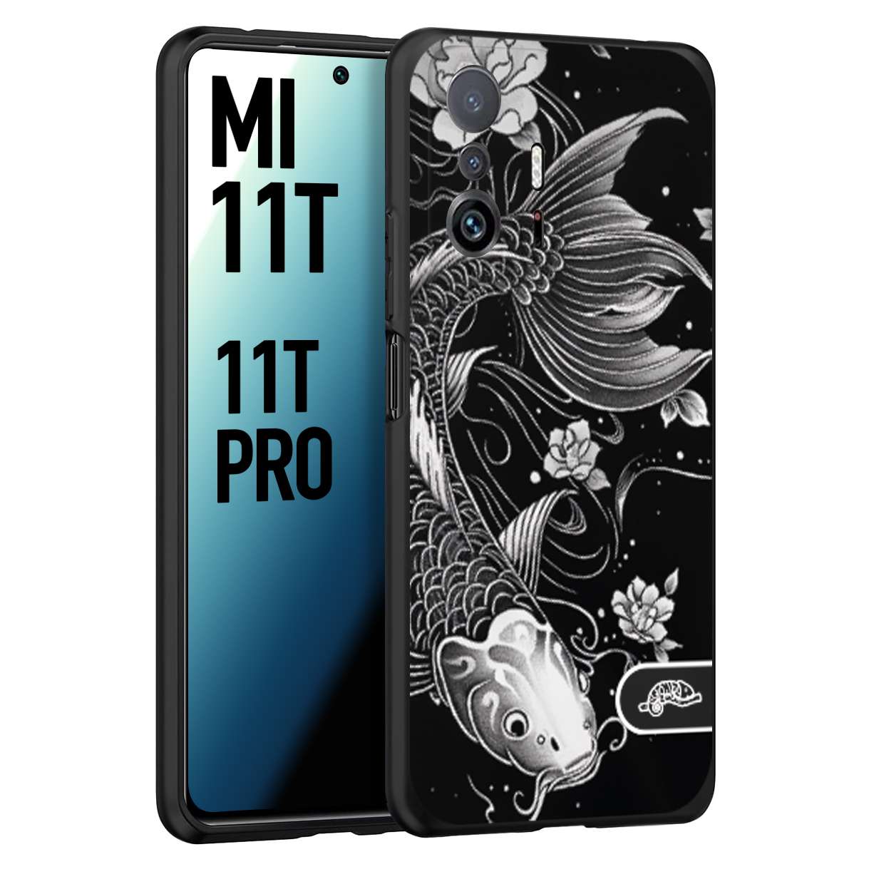 CUSTOMIZZA - Custodia cover nera morbida in tpu compatibile per Xiaomi Mi 11T - Mi 11T PRO carpa koi black and white bianco a rilievo disegnato tattoo tatuaggio