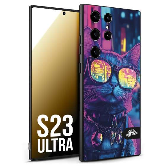 CUSTOMIZZA - Custodia cover nera morbida in tpu compatibile per Samsung S23 ULTRA animali cyberpunk gatto street cat fucsia blu giallo