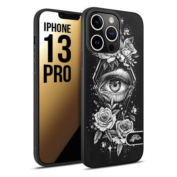 CUSTOMIZZA - Custodia cover nera morbida in tpu compatibile per iPhone 13 PRO occhio fiori rombo geometrico black and white bianco a rilievo disegnato tattoo tatuaggio