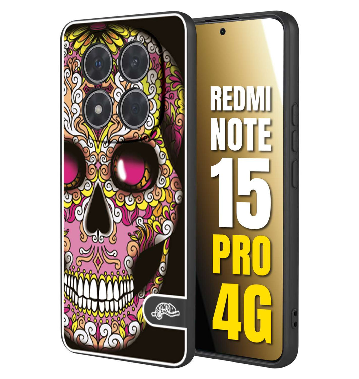 CUSTOMIZZA - Custodia cover nera morbida in tpu compatibile per Xiaomi Redmi Note 15 PRO 4G teschio messicano Mexican skull rosa gialla