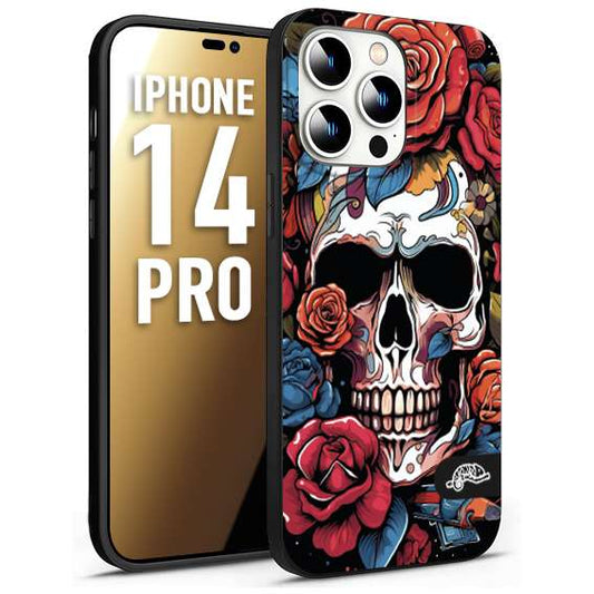 CUSTOMIZZA - Custodia cover nera morbida in tpu compatibile per iPhone 14 PRO teschio skull flowers fiori rose rosse tattoo disegnato