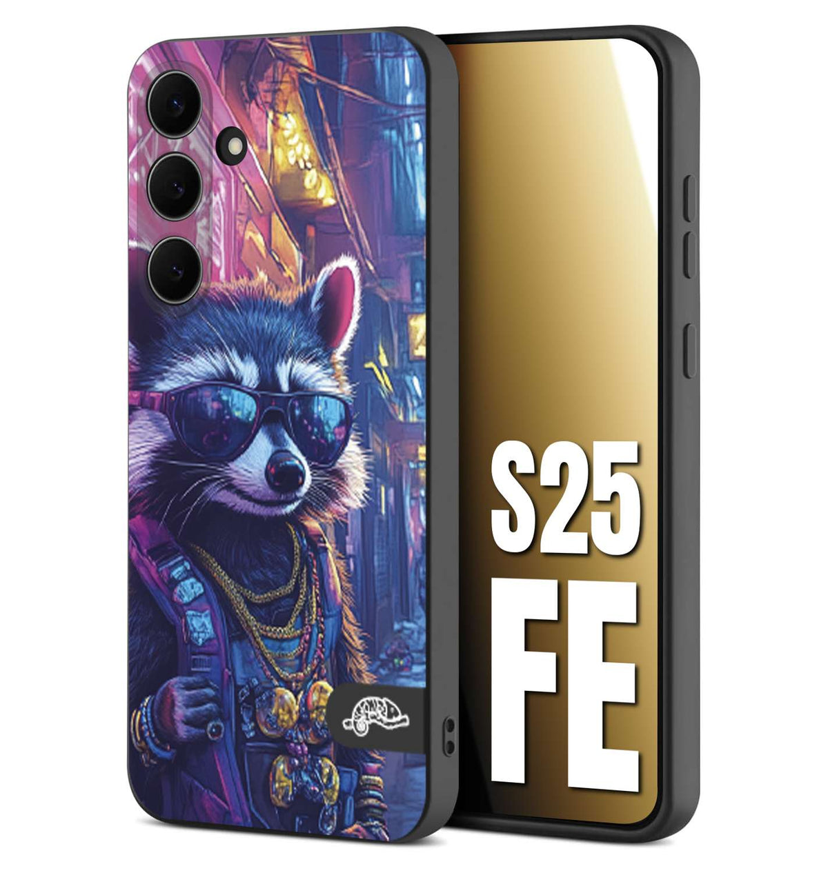 CUSTOMIZZA - Custodia cover nera morbida in tpu compatibile per Samsung S25 FE animali simpatici cyberpunk procione racoon street cat fucsia blu giallo