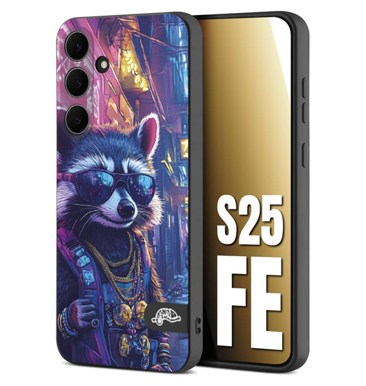 CUSTOMIZZA - Custodia cover nera morbida in tpu compatibile per Samsung S25 FE animali simpatici cyberpunk procione racoon street cat fucsia blu giallo