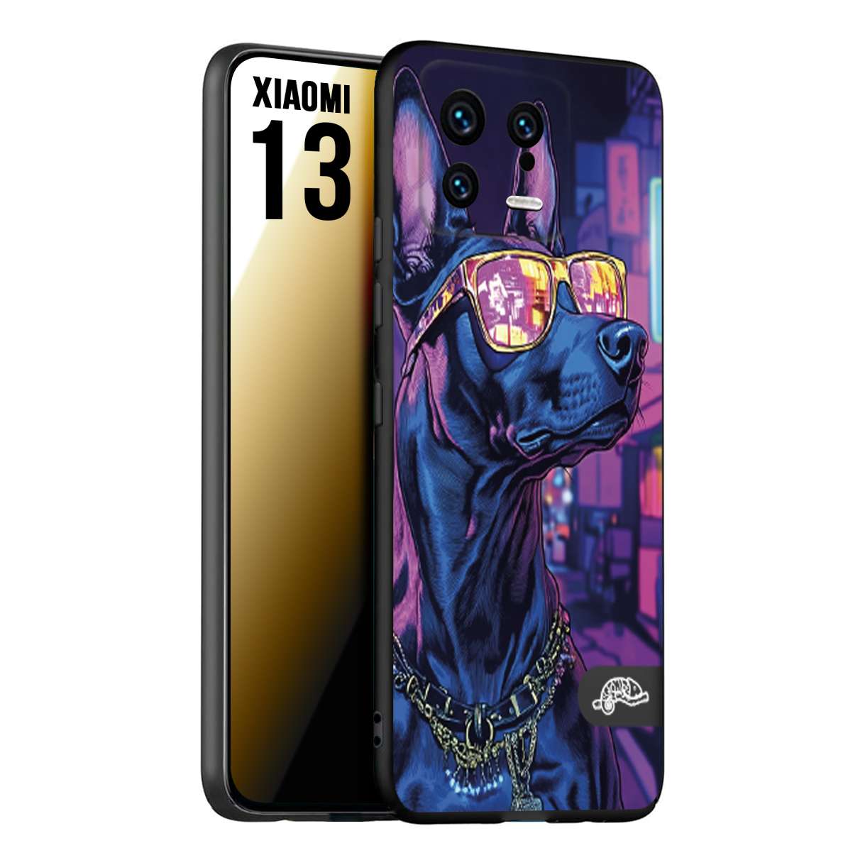 CUSTOMIZZA - Custodia cover nera morbida in tpu compatibile per Xiaomi 13 animali cyberpunk dobermann cane street dog fucsia blu night