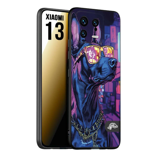 CUSTOMIZZA - Custodia cover nera morbida in tpu compatibile per Xiaomi 13 animali cyberpunk dobermann cane street dog fucsia blu night