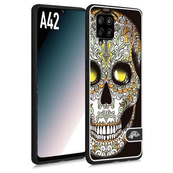 CUSTOMIZZA - Custodia cover nera morbida in tpu compatibile per Samsung A42 teschio messicano Mexican skull bianco verde giallo