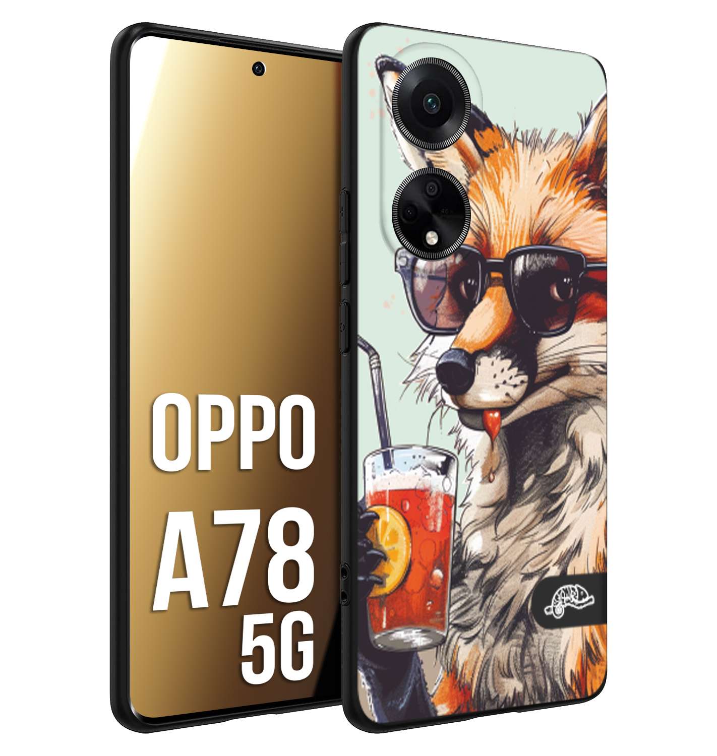 CUSTOMIZZA - Custodia cover nera morbida in tpu compatibile per Oppo A78 5G estate disegnata cocktails animali simpatici fox volpe negroni