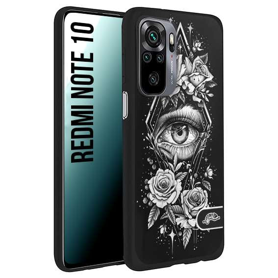 CUSTOMIZZA - Custodia cover nera morbida in tpu compatibile per Xiaomi Redmi Note 10 occhio fiori rombo geometrico black and white bianco a rilievo disegnato tattoo tatuaggio