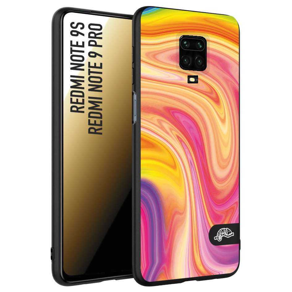 CUSTOMIZZA - Custodia cover nera morbida in tpu compatibile per Xiaomi Redmi Note 9S - Note 9 PRO colorata fantasia vortice marmo onde rosa fucsia gialla