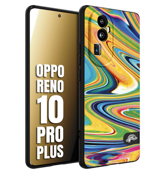 CUSTOMIZZA - Custodia cover nera morbida in tpu compatibile per Oppo Reno 10 PRO PLUS colorata fantasia vortice marmo arcobaleno gialla verde blu