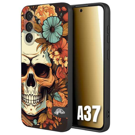 CUSTOMIZZA - Custodia cover nera morbida in tpu compatibile per Samsung A37 teschio skull flowers fiori autunnali arancio celeste tattoo