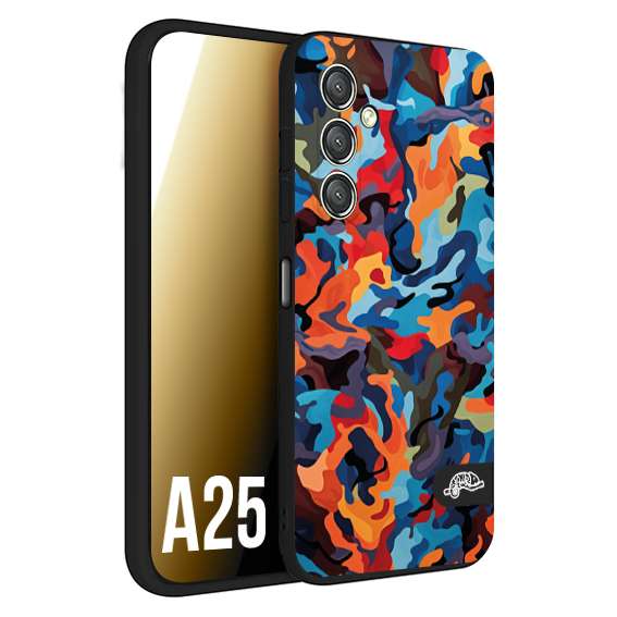 CUSTOMIZZA - Custodia cover nera morbida in tpu compatibile per Samsung A25 camouflage mimetico militare moderno blu arancio rosso