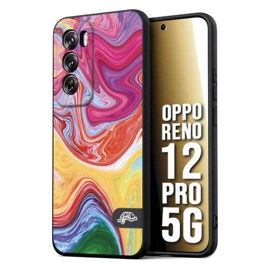 CUSTOMIZZA - Custodia cover nera morbida in tpu compatibile per Oppo Reno 12 PRO 5G colorata fantasia vortice marmo onde verde fucsia gialla