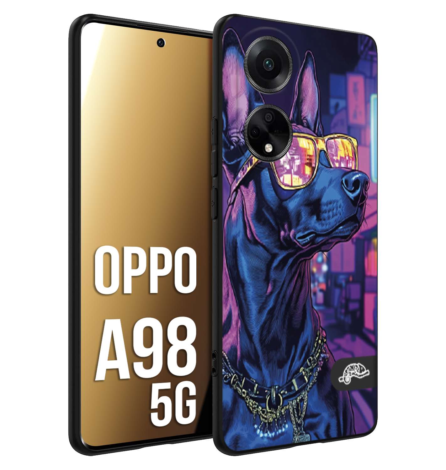 CUSTOMIZZA - Custodia cover nera morbida in tpu compatibile per Oppo A98 5G animali cyberpunk dobermann cane street dog fucsia blu night
