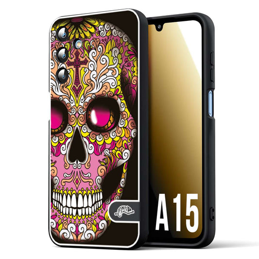 CUSTOMIZZA - Custodia cover nera morbida in tpu compatibile per Samsung A15 5G teschio messicano Mexican skull rosa gialla