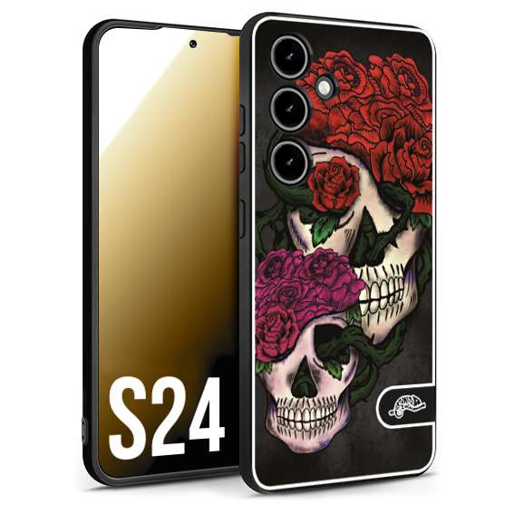 CUSTOMIZZA - Custodia cover nera morbida in tpu compatibile per Samsung S24 teschi e rose rosse fucsia skull and roses