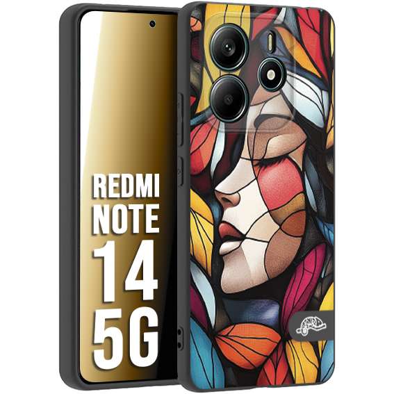CUSTOMIZZA - Custodia cover nera morbida in tpu compatibile per Xiaomi Redmi Note 14 5G Vetrata artistica volto di donna profilo fogliare mosaico di vetro colorato