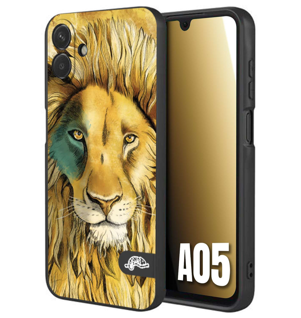 CUSTOMIZZA - Custodia cover nera morbida in tpu compatibile per Samsung A05 leone lion disegnato a mano giallo blu a rilievo artistico brown