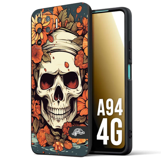 CUSTOMIZZA - Custodia cover nera morbida in tpu compatibile per Oppo A94 4G teschio skull flowers fiori tattoo disegnato alta definizione