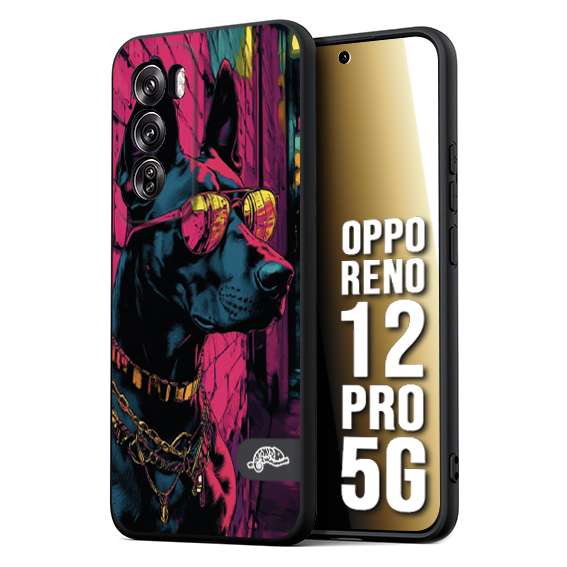 CUSTOMIZZA - Custodia cover nera morbida in tpu compatibile per Oppo Reno 12 PRO 5G animali cyberpunk dobermann cane street dog fucsia blu