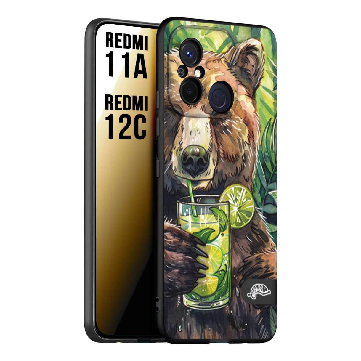 CUSTOMIZZA - Custodia cover nera morbida in tpu compatibile per Xiaomi Redmi 11A - 12C estate disegnata cocktails animali simpatici orso bear negroni