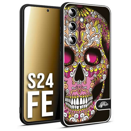 CUSTOMIZZA - Custodia cover nera morbida in tpu compatibile per Samsung S24 FE teschio messicano Mexican skull rosa gialla