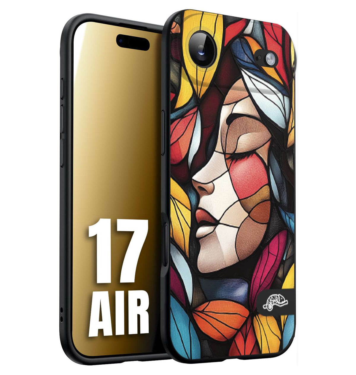 CUSTOMIZZA - Custodia cover nera morbida in tpu compatibile per iPhone 17 AIR Vetrata artistica volto di donna profilo fogliare mosaico di vetro colorato
