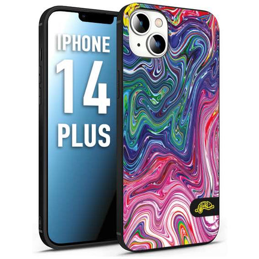 CUSTOMIZZA - Custodia cover nera morbida in tpu compatibile per iPhone 14 PLUS colorata fantasia vortice marmo arcobaleno rosa blu fucsia