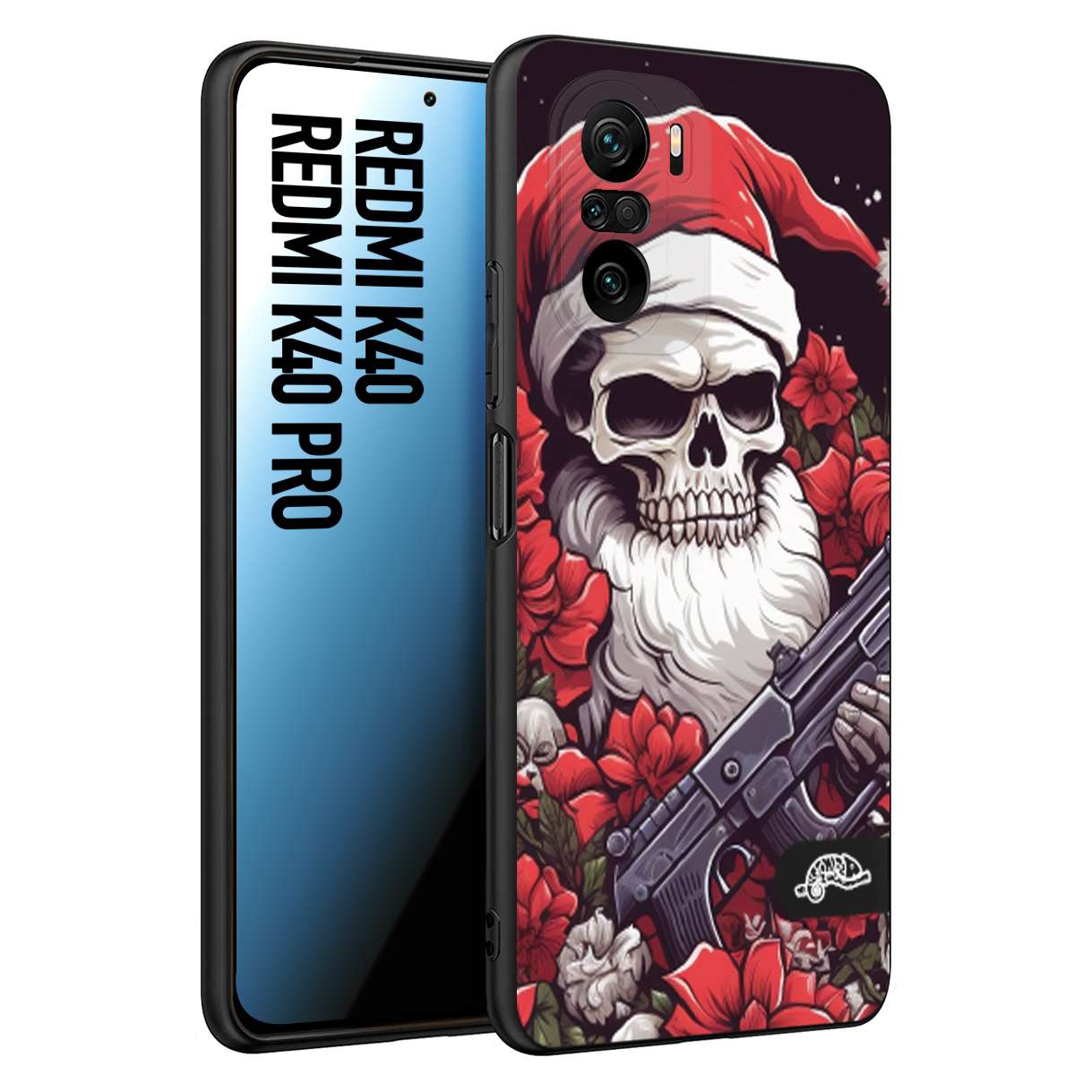 CUSTOMIZZA - Custodia cover nera morbida in tpu compatibile per Xiaomi Redmi K40 - K40 Pro teschio natale santa claus fiori tattoo disegnato