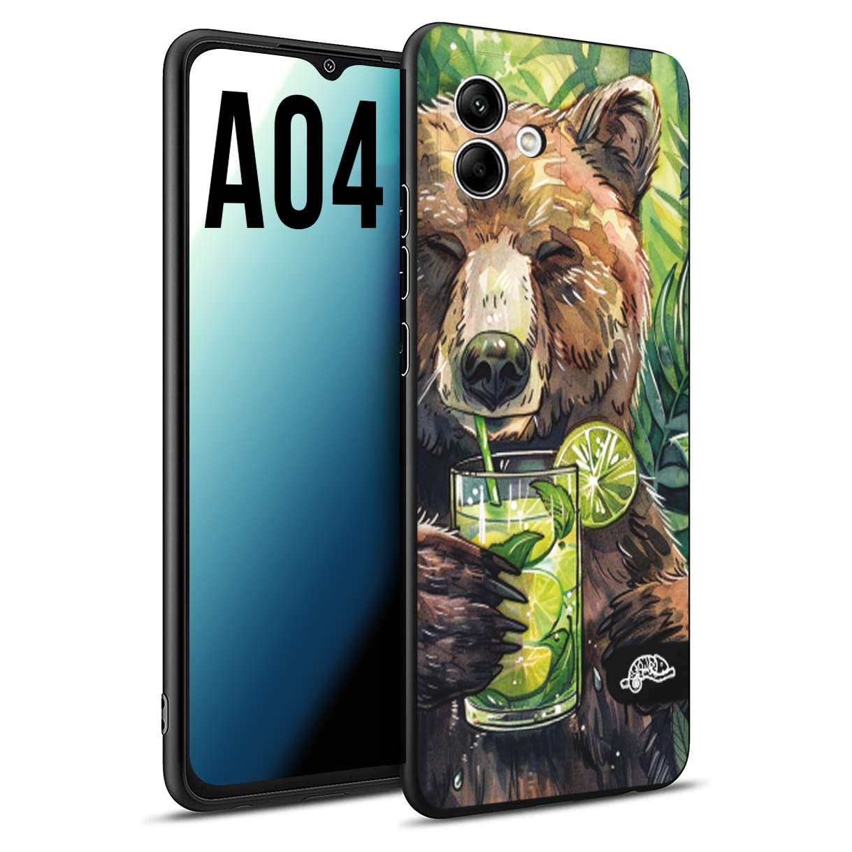 CUSTOMIZZA - Custodia cover nera morbida in tpu compatibile per Samsung A04 estate disegnata cocktails animali simpatici orso bear negroni