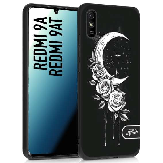 CUSTOMIZZA - Custodia cover nera morbida in tpu compatibile per Xiaomi Redmi 9A - 9AT luna e fiori moon flowers black and white bianco a rilievo disegnato tattoo tatuaggio