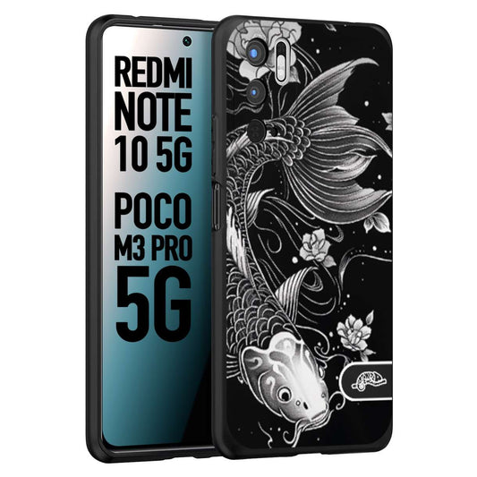 CUSTOMIZZA - Custodia cover nera morbida in tpu compatibile per Xiaomi Redmi Note 10 5G - Poco M3 Pro 5G carpa koi black and white bianco a rilievo disegnato tattoo tatuaggio