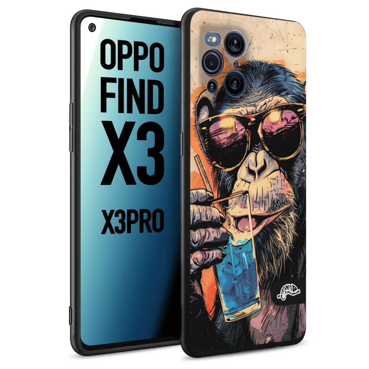 CUSTOMIZZA - Custodia cover nera morbida in tpu compatibile per Oppo Find X3 - Find X3 Pro 5G estate disegnata cocktails animali simpatici scimmia monkey negroni