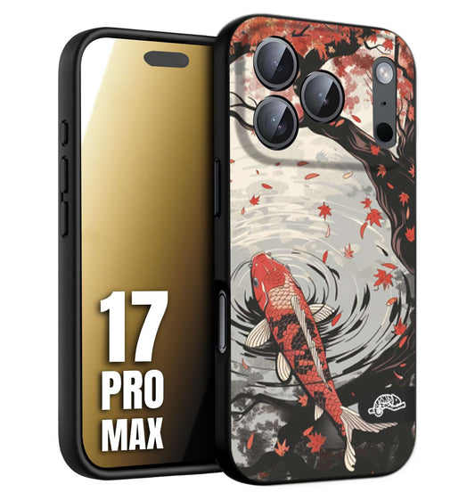 CUSTOMIZZA - Custodia cover nera morbida in tpu compatibile per iPhone 17 PRO MAX giapponese lago carpa koi rossa con foglie d'acero rosso disegnata tattoo