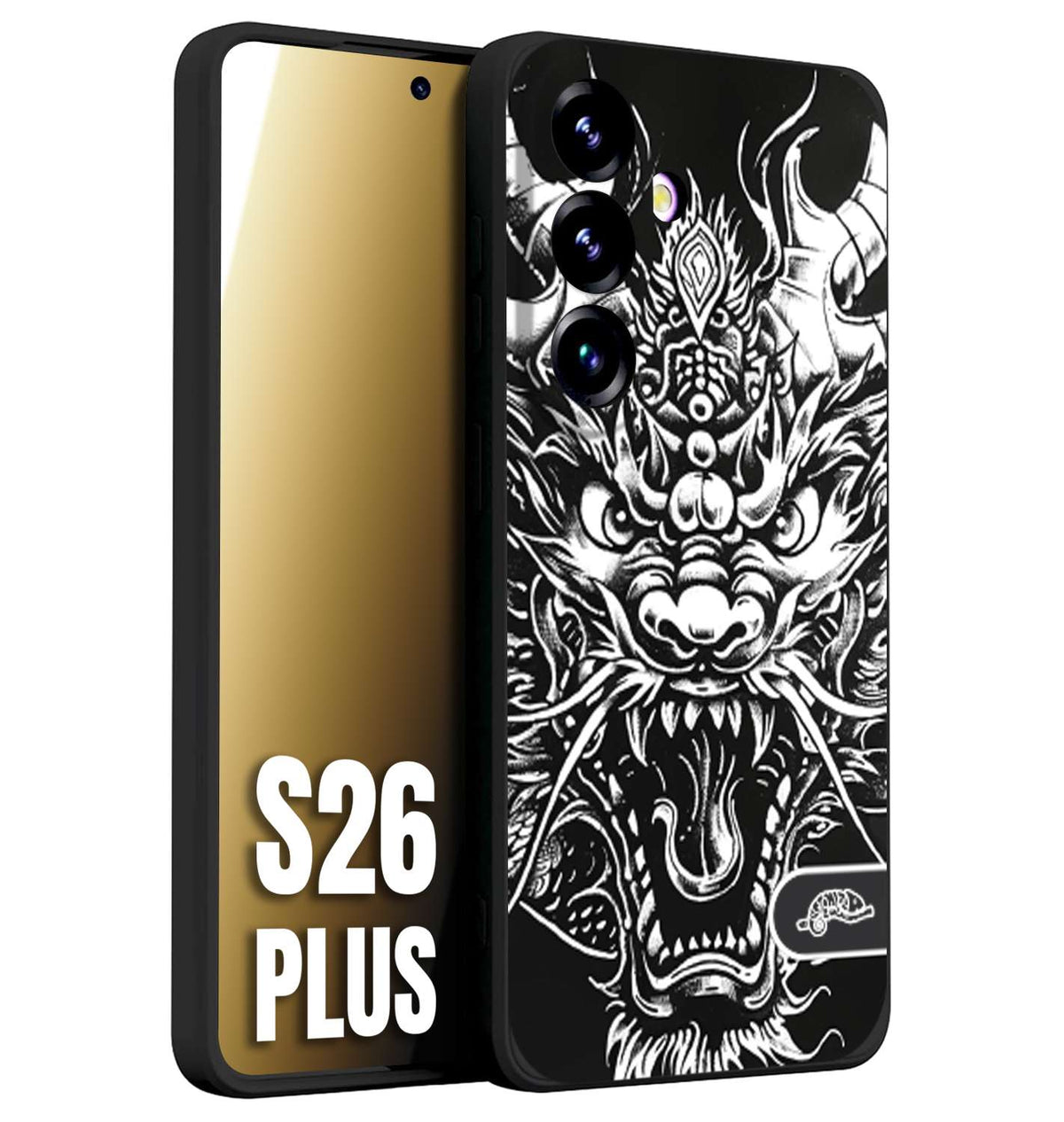 CUSTOMIZZA - Custodia cover nera morbida in tpu compatibile per Samsung S26 PLUS drago black and white bianco a rilievo disegnato tattoo tatuaggio