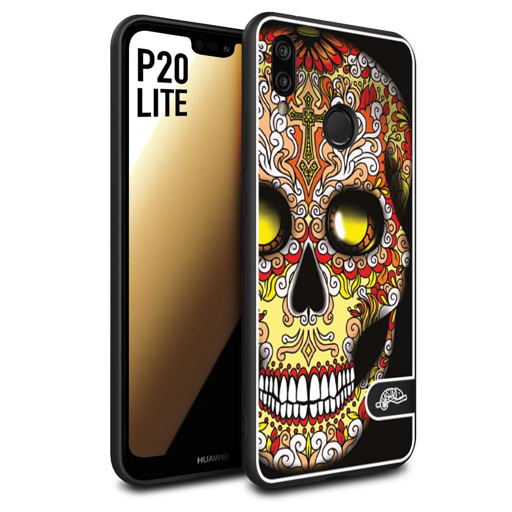 CUSTOMIZZA - Custodia cover nera morbida in tpu compatibile per Huawei P20 LITE teschio messicano Mexican skull giallo rosso arancio