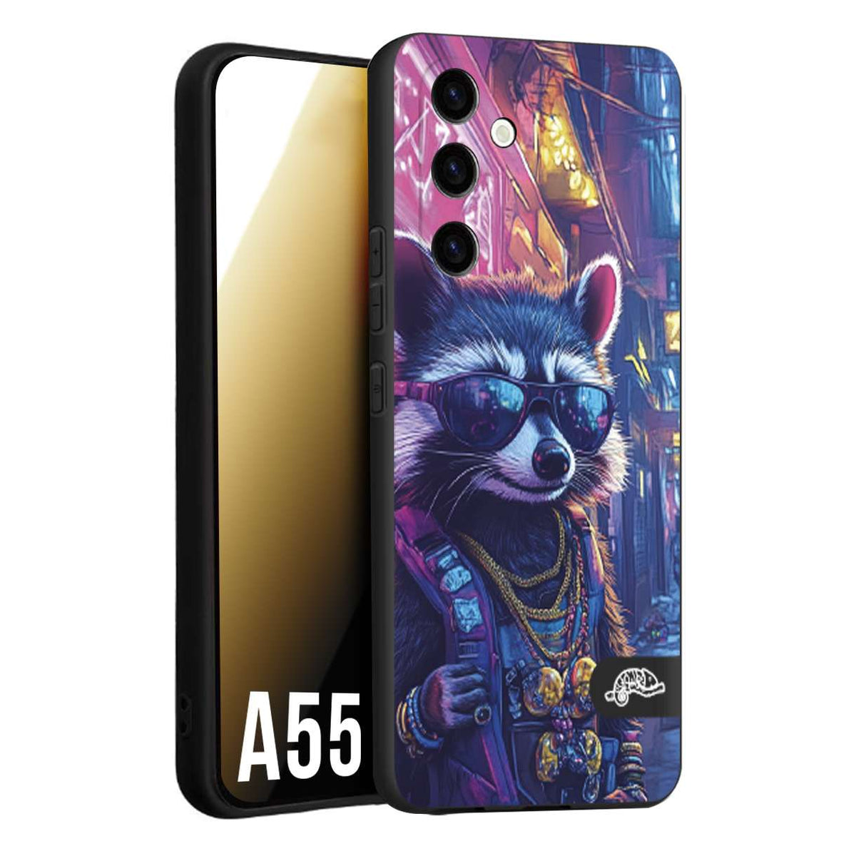 CUSTOMIZZA - Custodia cover nera morbida in tpu compatibile per Samsung A55 5G animali simpatici cyberpunk procione racoon street cat fucsia blu giallo