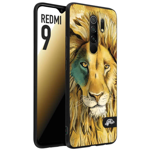 CUSTOMIZZA - Custodia cover nera morbida in tpu compatibile per Xiaomi Redmi 9 leone lion disegnato a mano giallo blu a rilievo artistico brown