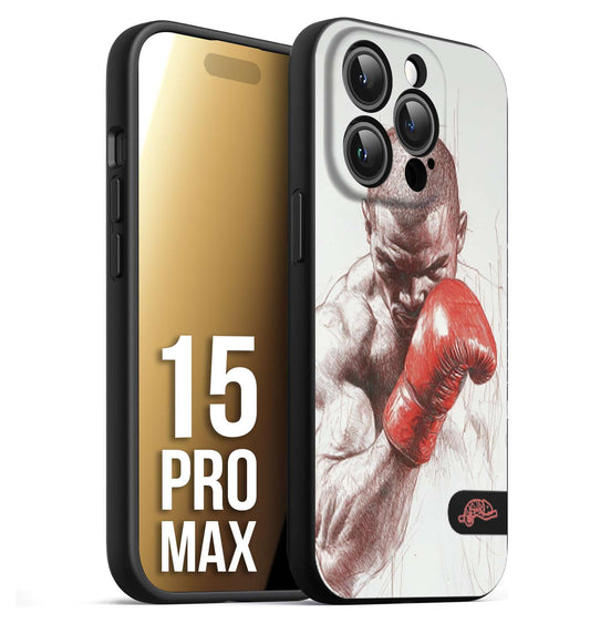 CUSTOMIZZA - Custodia cover nera morbida in tpu compatibile per iPhone 15 PRO MAX pugilato pugili disegno tattoo guantoni box sport primo piano