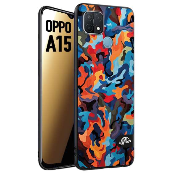 CUSTOMIZZA - Custodia cover nera morbida in tpu compatibile per Oppo A15 camouflage mimetico militare moderno blu arancio rosso