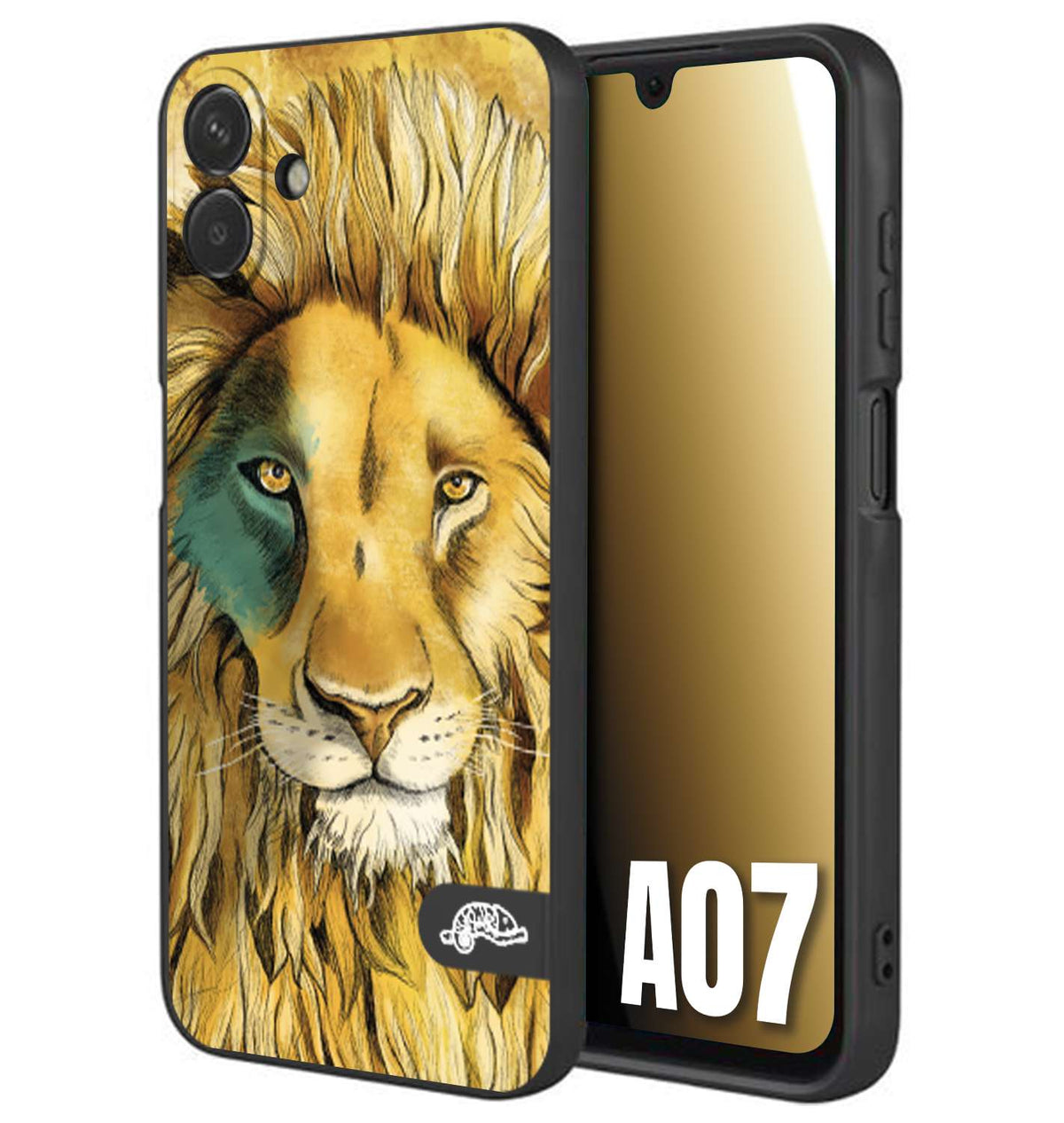 CUSTOMIZZA - Custodia cover nera morbida in tpu compatibile per Samsung A07 leone lion disegnato a mano giallo blu a rilievo artistico brown