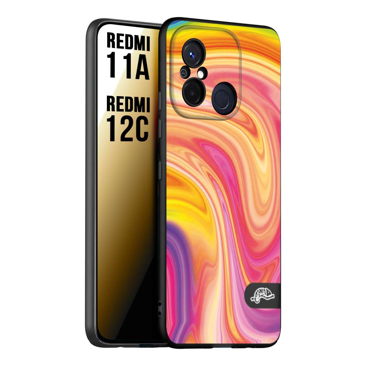 CUSTOMIZZA - Custodia cover nera morbida in tpu compatibile per Xiaomi Redmi 11A - 12C colorata fantasia vortice marmo onde rosa fucsia gialla