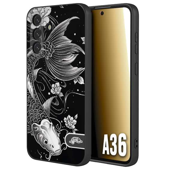 CUSTOMIZZA - Custodia cover nera morbida in tpu compatibile per Samsung A36 carpa koi black and white bianco a rilievo disegnato tattoo tatuaggio