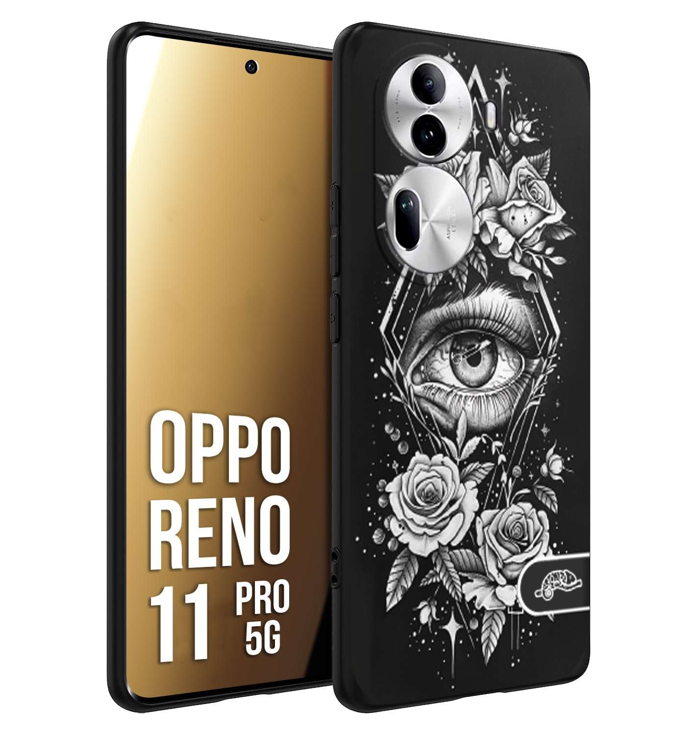 CUSTOMIZZA - Custodia cover nera morbida in tpu compatibile per Oppo Reno 11 PRO 5G occhio fiori rombo geometrico black and white bianco a rilievo disegnato tattoo tatuaggio