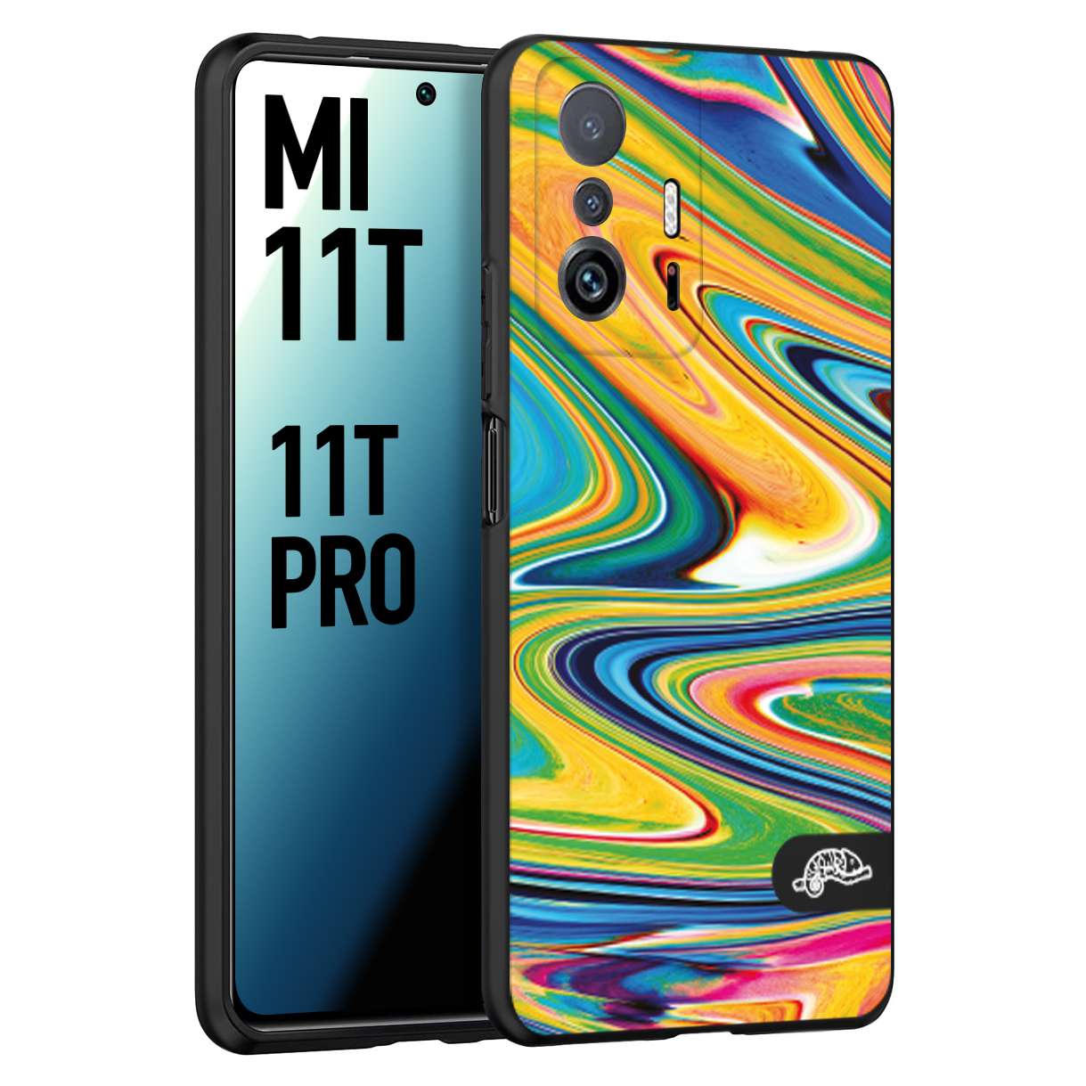 CUSTOMIZZA - Custodia cover nera morbida in tpu compatibile per Xiaomi Mi 11T - Mi 11T PRO colorata fantasia vortice marmo arcobaleno gialla verde blu